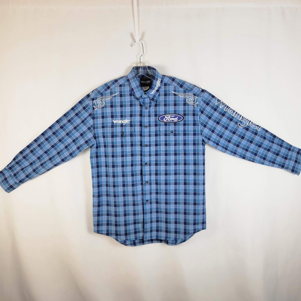 Wrangler x Ford Western Shirt Men Large Blue Plaid Long Sleeve Button Down Logo - Picture 3 of 8